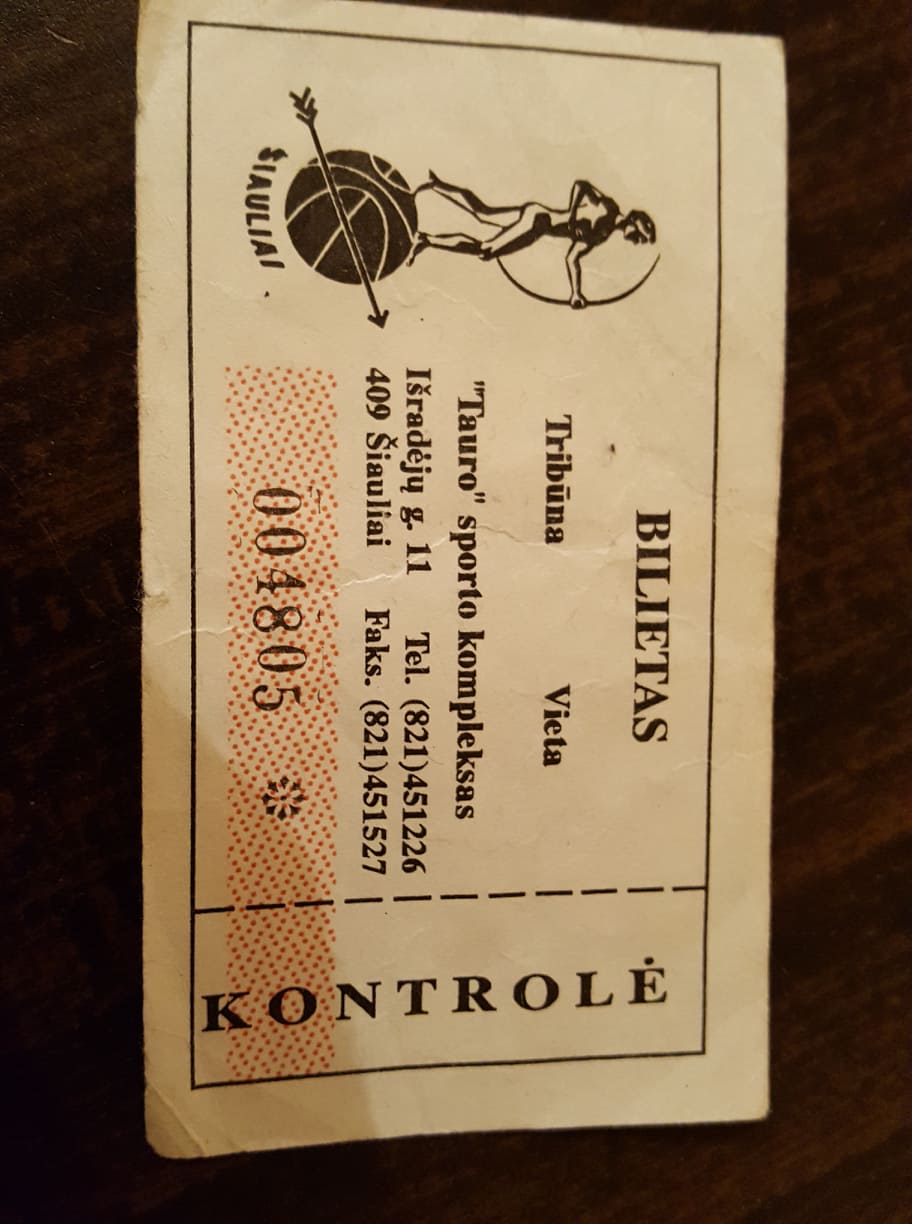 BC Šiauliai. Tauro salės "Šiaulių" rungtynių bilietas (apie 1996 m.)